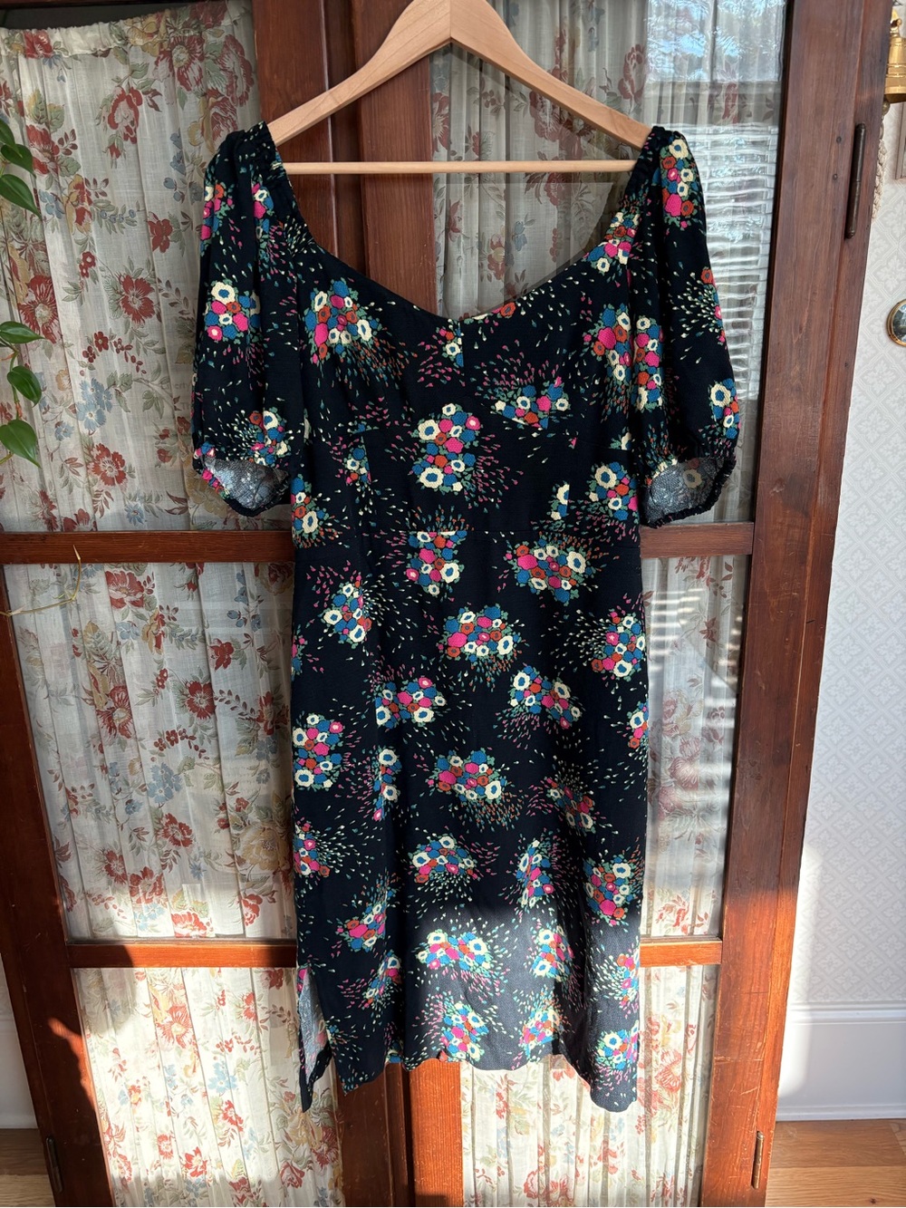 Anthropologie Black Floral Midi Dress with Puff Sleeves